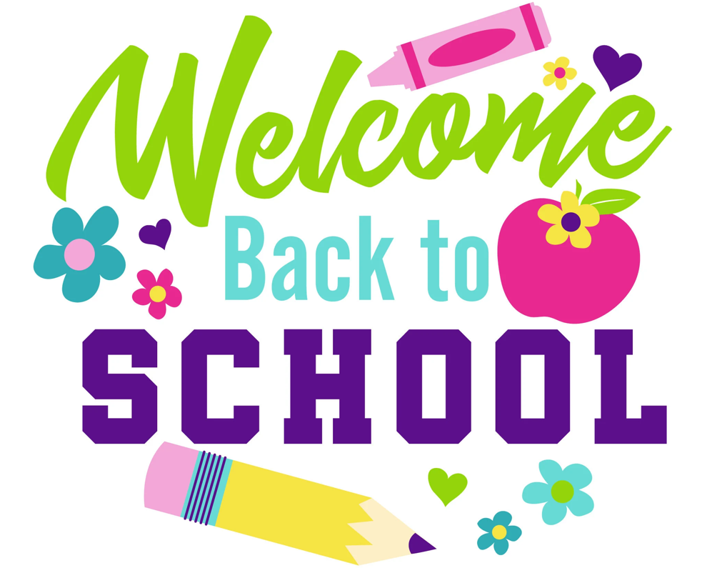 A graphic with the text "Welcome Back to School." The word "Welcome" is in a curved, script-like green font with a pink crayon in the upper right. "Back to" is in a light blue sans-serif font, and "SCHOOL" is in a bold, purple collegiate font. A pink apple with a yellow flower on a green leaf is to the right of "Back to." A yellow pencil with a pink eraser and blue stripes is at the bottom, and various small hearts and flowers in blue, pink, and green are scattered throughout the design.